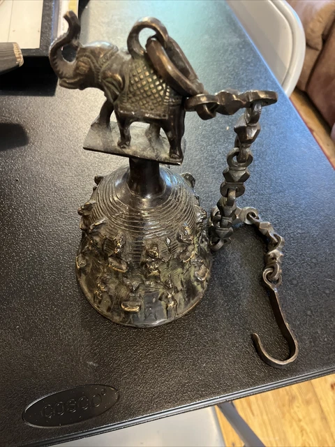 Antique 10” Outstanding Temple Bell With Chain And Elephant