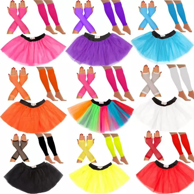 Neon 80'S Fancy Dress Costume Tutu Skirt Set Leg Warmers Fishnet Gloves Hen Rave