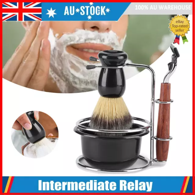 4Pcs Shaving Kit Manual Razor Shaving Safety Stand Holder Brush Bowl Set.