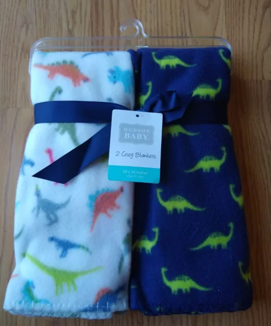 Hudson Baby Cozy Blankets 2 Pack Dinosaurs Dinos Blue White Boys Girls NEW