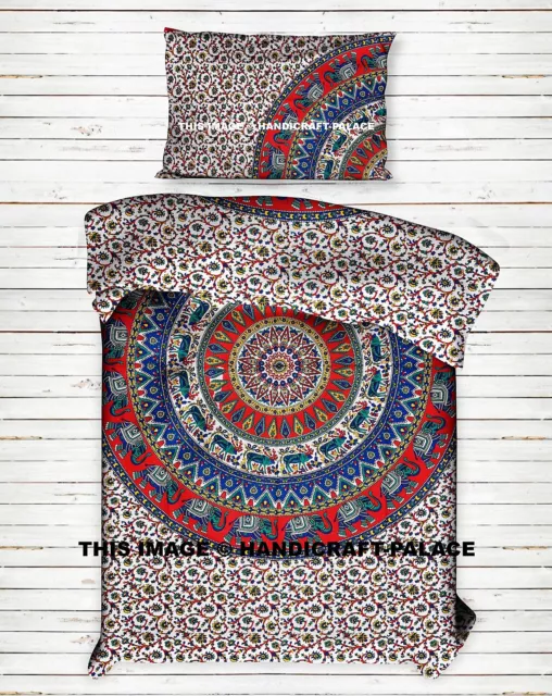 Indiano Puro Cotone Letto Copriletto Set Elefante Mandala Stampato Doppio Foglio