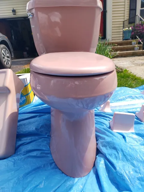 Vintage Mid Century Coral Pink Porcelain Toilet, Sink, and Bathroom Fixtures (Ci