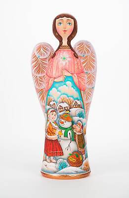 Made in Ukraine Wooden Big Angel with snowman 10.2” Hand painted carved