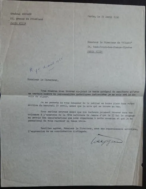 Lettre signée Maxime Weygand - 1956