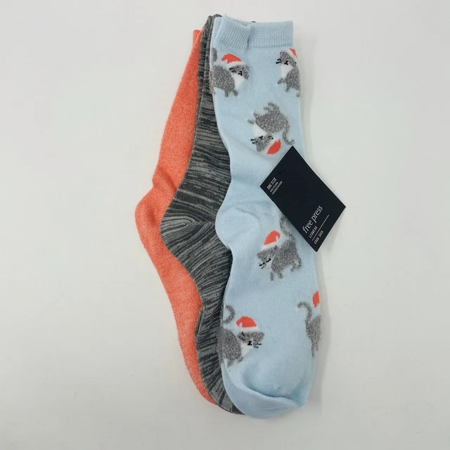 Free Press Womens One Size Fits Most 3 Pack Crew Socks Blue Drift Santa Kitty