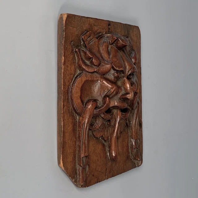 Antique French Hand Carved Wooden Panel Bas-Relief, Mascaron, Mask, Grotesque 2