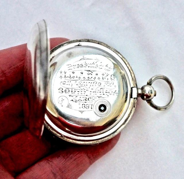 STERLING SILVER BOER War Tribute Pocket Watch/Medal on Leaving for