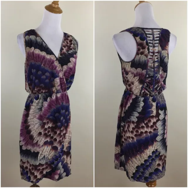 CHARLIE JADE Multi-Color 100% Silk Print Cut Out Back V Neck Dress Womens sz XS