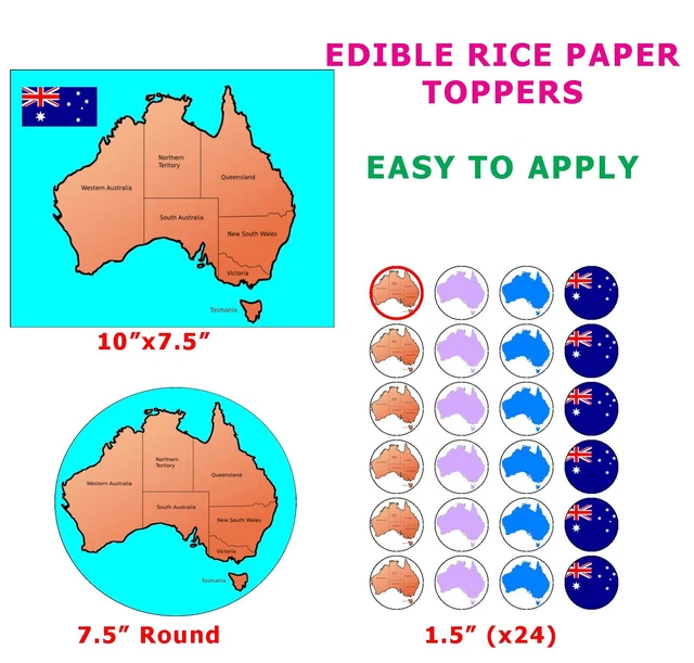 MAP OF AUSTRALIA And Australian Continent Cake/Cupcake Topper On Rice