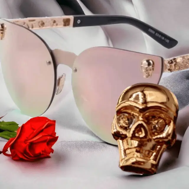 Mirrored Pink Cat Eye Sunglasses Skull Accents Rose Gold Black Frames Oversized