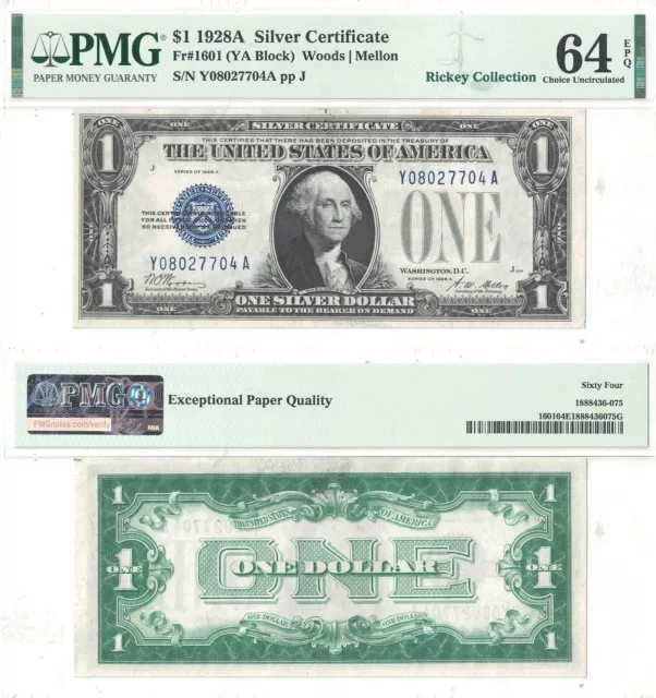 1928-A $1 Silver Certificate "Funny Back" Fr 1601 PMG Choice Uncirculated-64 EPQ