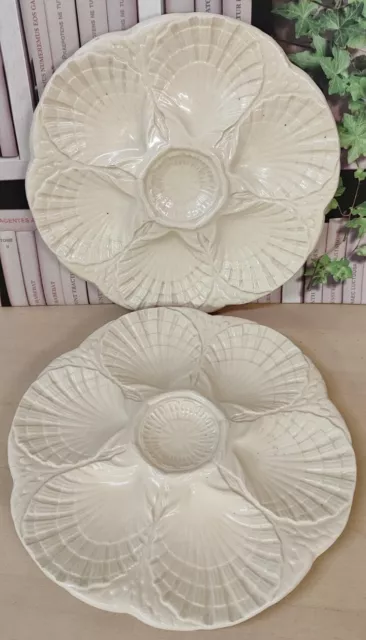 2 Assiettes à Huîtres Sarreguemines Décor Barbotine Coquillages