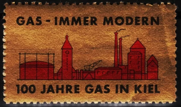 alte reklamemarke 1956 jub.100 jahre gas in kiel - gas, immer modern