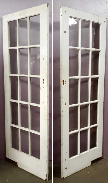 30"x79" Antique Vintage Wooden Interior French Swinging Door Window Wavy Glass 3