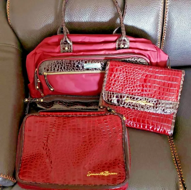 Samantha Brown - Red / Brown Embossed Tote / Weekender 3 Pc Bag Set - New