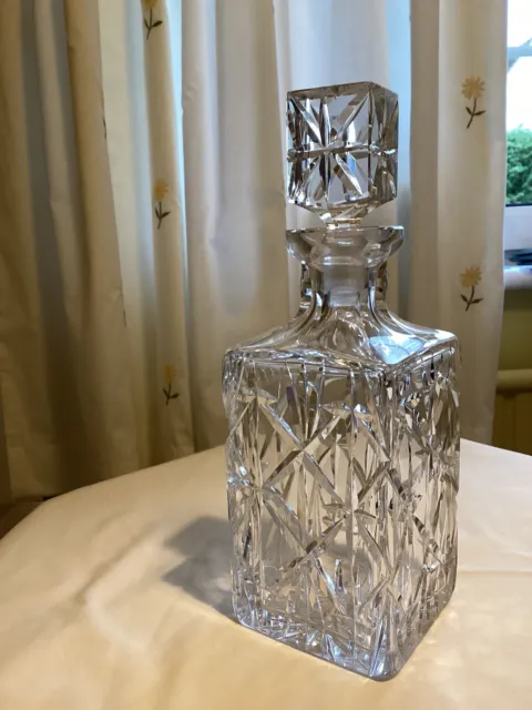 Crystal Cut Glass Square Decanter And Stopper Modern Sparkling Cut