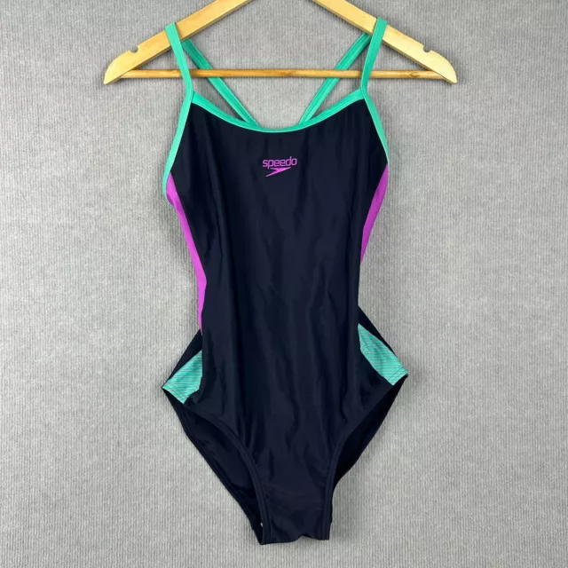 Speedo Swimsuit Womens 12 Black Blue Purple Endurance One Piece Embroidered