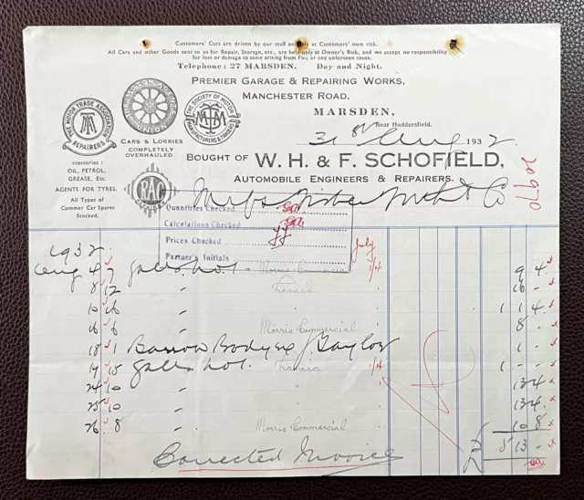 1932 W. H. & F. Schofield, Automobile Engineers, Manchester Rd, Marsden Invoice