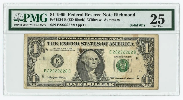 FR # 1924-E $1 1999 Federal Reserve Note Richmond VF25 PMG 947261-2