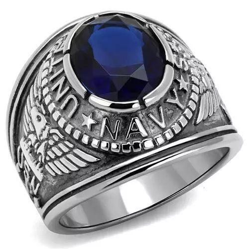 Mens Navy Ring Sapphire Blue Military Signet Pinky Stainless Steel USA CZ