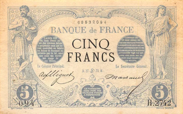 Superbe Billet 5 Francs Noir 27 Juin 1873