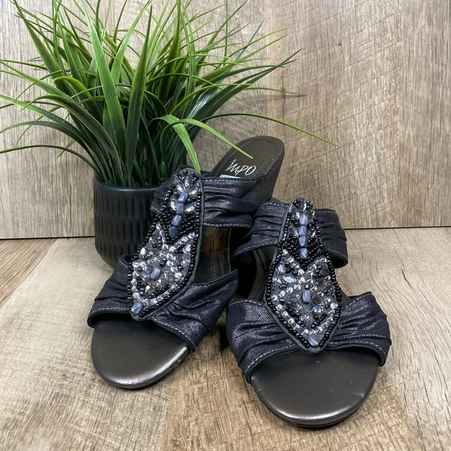 Impo Stretch Sandals 6.5 M Geo Shoes Wedges Gray Silver Pewter Rhinestones Slide