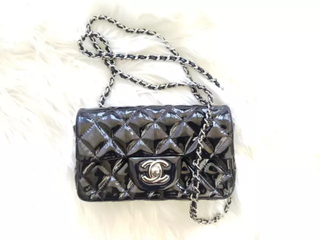 🌺 CHANEL BLACK Patent Leather Rectangular Mini Flap Bag Silver HW Pink  Interior $4,000.00 - PicClick