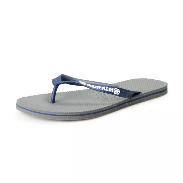 Philipp Plein Homme Gris/Bleu Marine Caoutchouc Logo Imprimé Tongs Chaussures