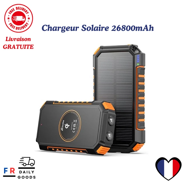 Batterie Externe Solaire 26800mAh Avec Charge Sans Fil - Sorties USB-C 30W, 5 Ports, Lampe Torche SOS - Pour Camping, Randonnée