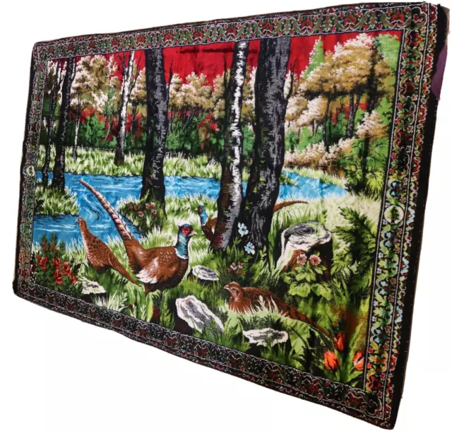 Vintage Lebanese 47" X 71" Forest Pheasants Tapestry Wall Hanging Rug RN19963