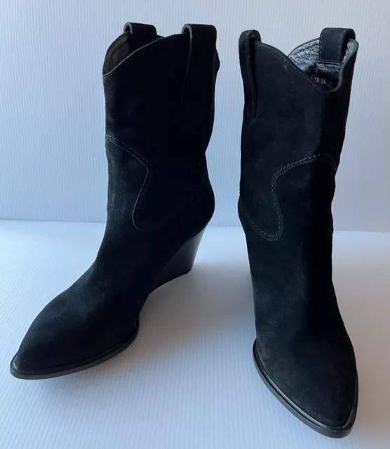 Robert Clergerie Black Suede Mid-Calf Wedge Booties, Size 10 (US) 40 (EUR) 2