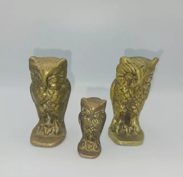 🦉 Mother, Father & Baby Owl Vintage Old Victorian Birds Antique Solid Brass