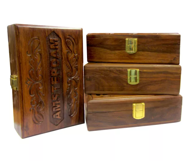 Carved Crafted Wooden Stash Storage Rolling Box With Compartment Large Size