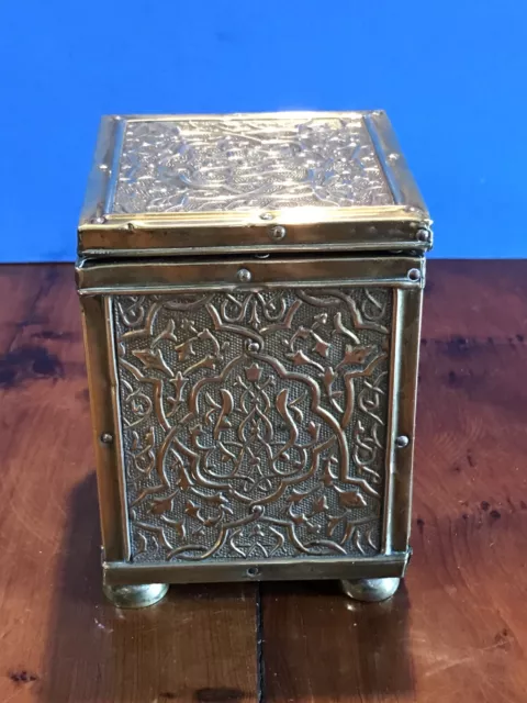 Victorian Tea Caddy Embossed Brass on Wood Tin Lined with a good fitting Lid.