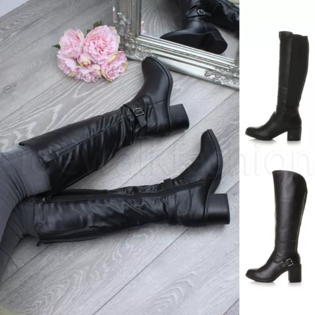 Womens ladies chunky mid heel knee high wide calf elastic riding boots size