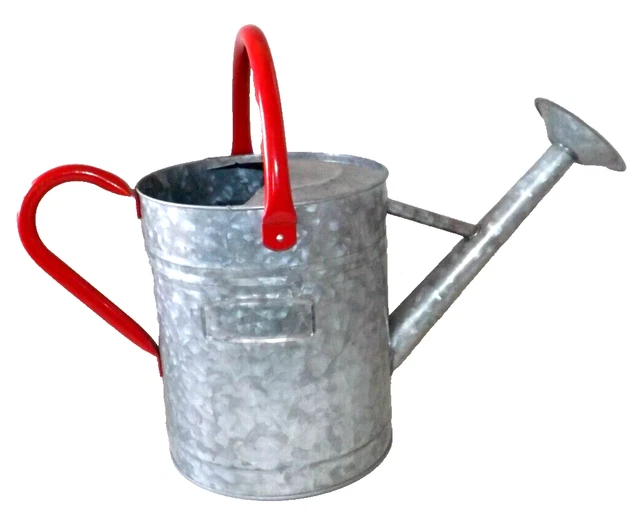 VTG GALVANIZED METAL Watering Sprinkling Can with Red Handles Garden