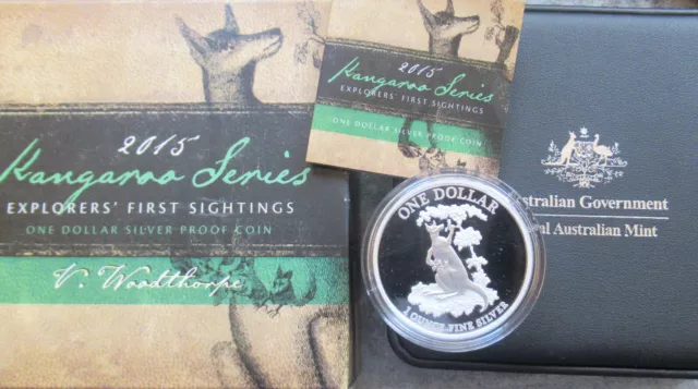 Australia 2015 First Sightings  Kangaroo One 1  Dollar Silver Proof  Coin Nice