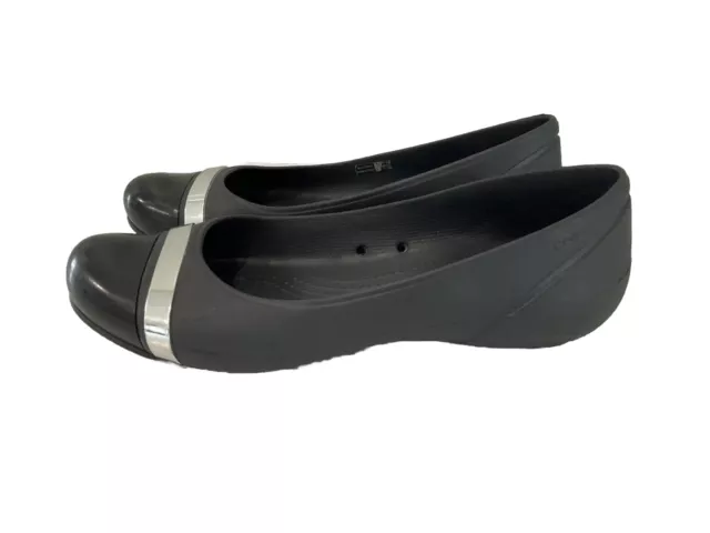 Crocs Women’s Sz 10 Patent Cap Toe Slip on Ballet Flats  Shoes  Black Silver