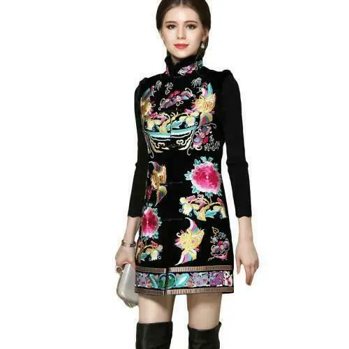 Women Embroidery Sleeveless Qipao Luxury Chinese Mid Long Cheongsam Vest Party D