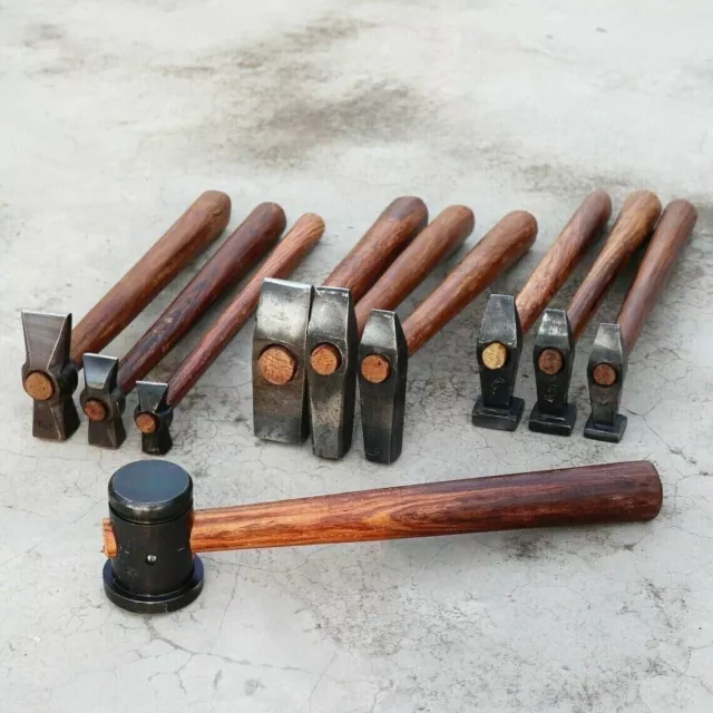 Set of 10 Black Iron Hammer Blacksmith Wooden Handle Heavy Duty Forging Tools