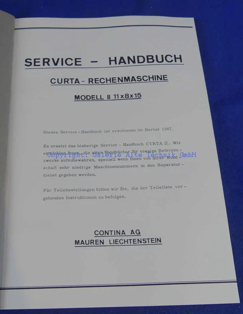 Curta Service Handbuch Modell II  - Rechenm. calculator - Saml. Weber - 1070