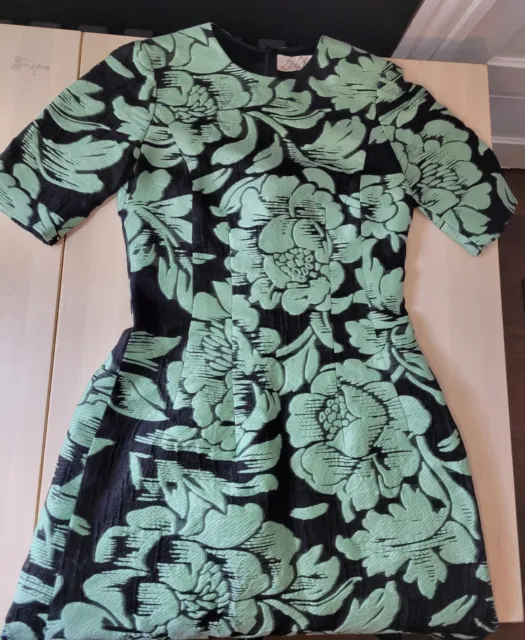 Lela Rose Metallic Matelasse Jacquard Black Dress Green Metallic Floral Size 6