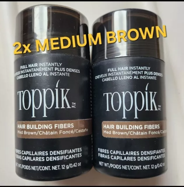 2x TOPPIK Hair Building Fibres - Medium Brown, 12g Hair Thickening Fibers Seald