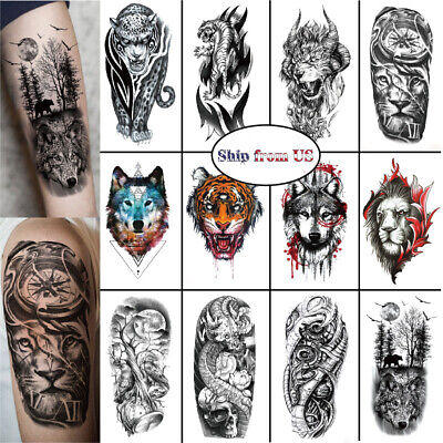 12 pegatinas masculinas para tatuajes temporales impermeables arte corporal animales lobo tigre