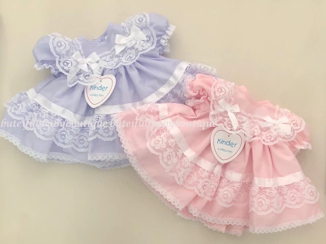 Baby Girls Traditional Romany Pink or Lilac Frilly Lace & Bows Dress *Small Fit*