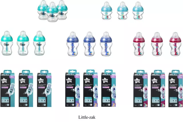 Tommee Tippee 3x  Advanced Anti Colic 150ML / 260ML/ 340ml Bottles W MINI BRRUSH