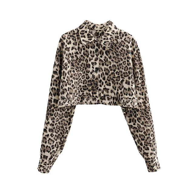 Donna Leopardato Manica Lunga Ritagliata Camicia con Colletto Giacca Blazer Top