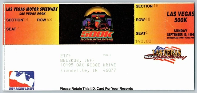 1996 Las Vegas Motor Speedway Indy IRL 500K Unused Ticket - Seat 4