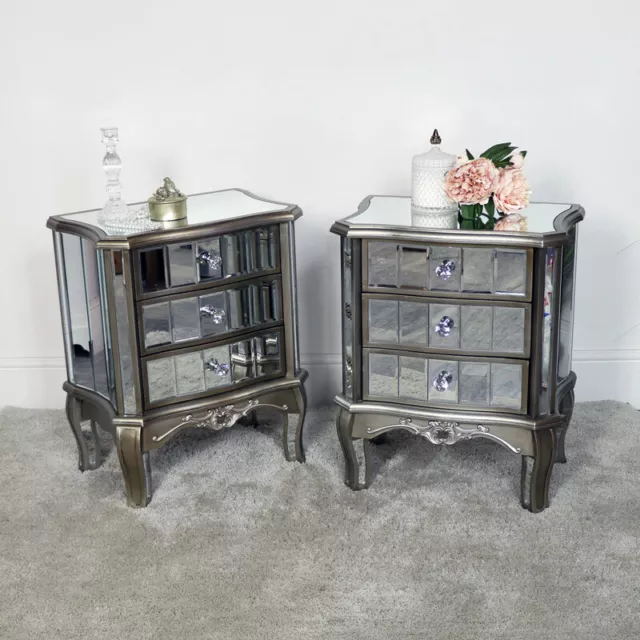 Pair mirrored bedside tables bedroom living room furniture French shabby chic