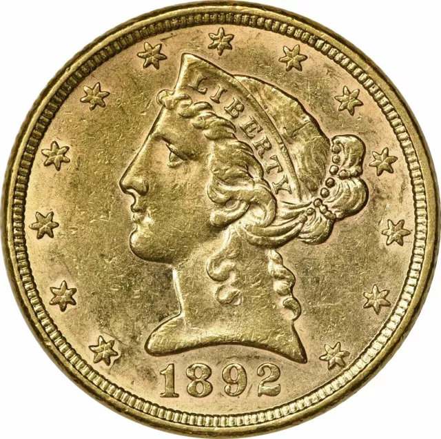 1892 $5 Gold Liberty Head AU Slider Uncertified #221